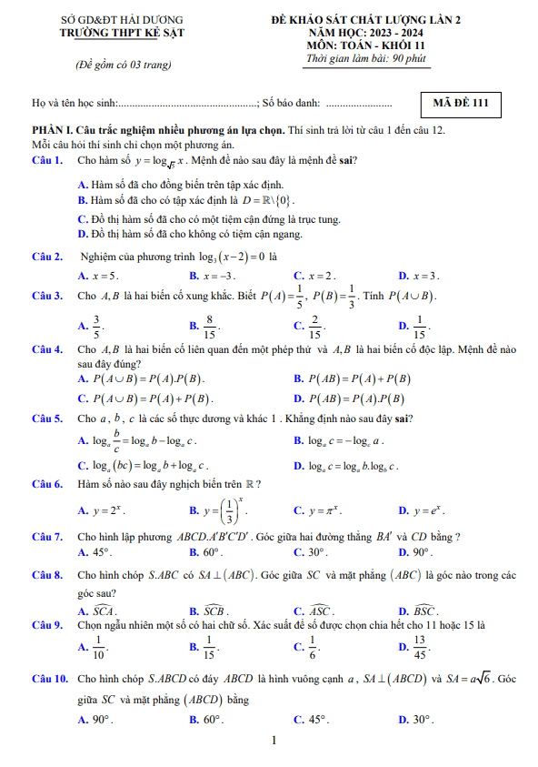 đề khảo sát lần 2 toán 11 năm 2023 – 2024 trường thpt kẻ sặt – hải dương