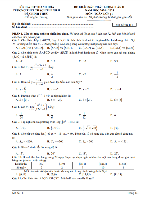 đề khảo sát lần 2 toán 11 năm 2024 – 2025 trường thpt thạch thành 2 – thanh hóa
