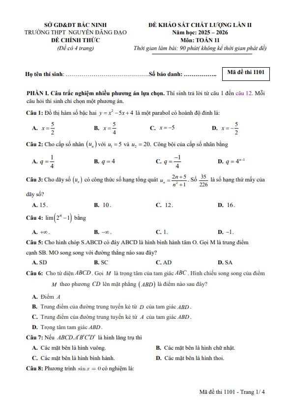 đề khảo sát lần 2 toán 11 năm 2025 – 2026 trường thpt nguyễn đăng đạo – bắc ninh