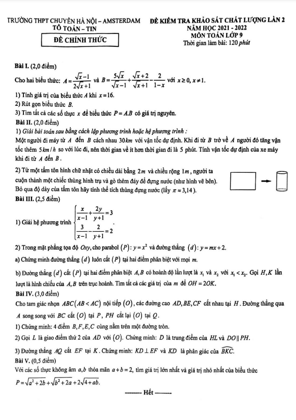 đề khảo sát lần 2 toán 9 năm 2021 – 2022 trường chuyên hà nội – amsterdam