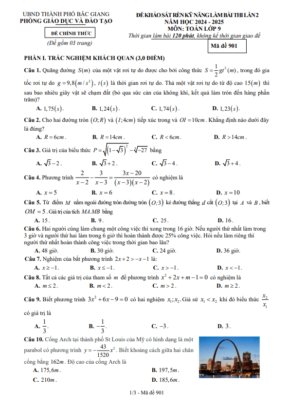đề khảo sát lần 2 toán 9 năm 2024 – 2025 phòng gd&đt thành phố bắc giang
