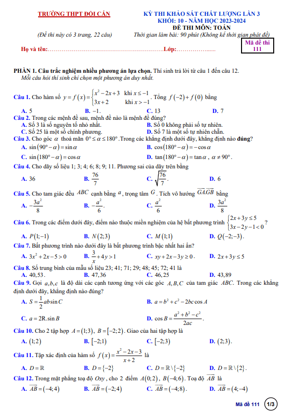 đề khảo sát lần 3 toán 10 năm 2023 – 2024 trường thpt đội cấn – vĩnh phúc