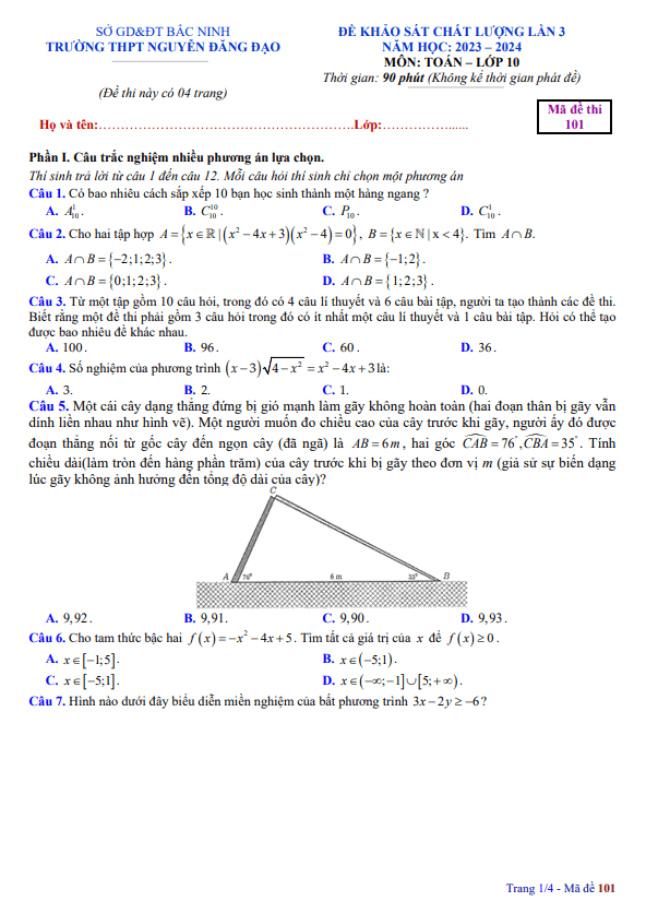 đề khảo sát lần 3 toán 10 năm 2023 – 2024 trường thpt nguyễn đăng đạo – bắc ninh
