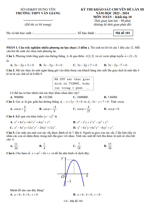 đề khảo sát lần 3 toán 10 năm 2023 – 2024 trường thpt văn giang – hưng yên