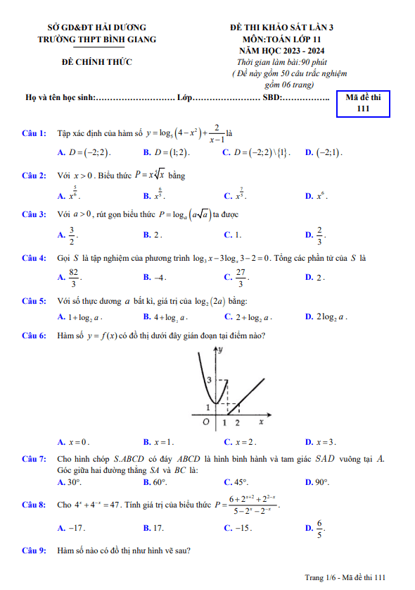 đề khảo sát lần 3 toán 11 năm 2023 – 2024 trường thpt bình giang – hải dương