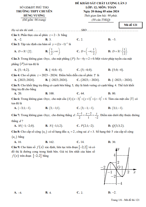 đề khảo sát lần 3 toán 12 năm 2023 – 2024 trường thpt chuyên hùng vương – phú thọ