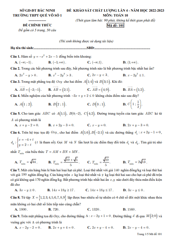 đề khảo sát lần 4 toán 10 năm 2022 – 2023 trường thpt quế võ 1 – bắc ninh