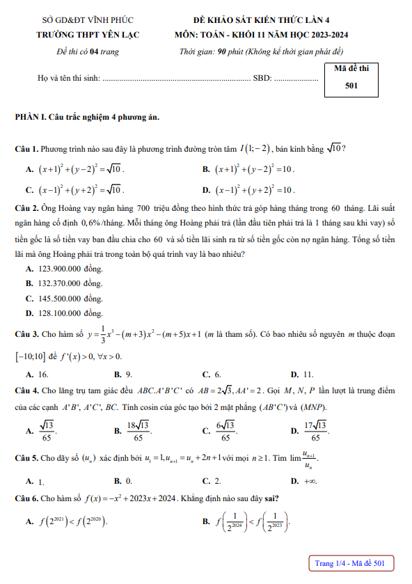 đề khảo sát lần 4 toán 11 năm 2023 – 2024 trường thpt yên lạc – vĩnh phúc