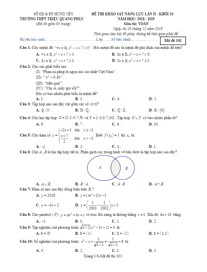 đề khảo sát năng lực toán 10 năm 2018 – 2019 trường triệu quang phục – hưng yên lần 2