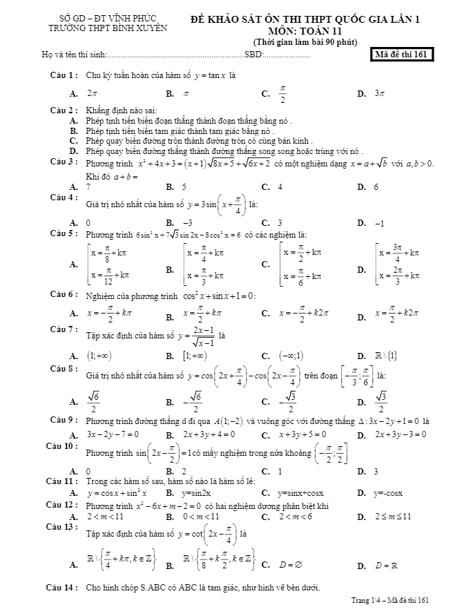 đề khảo sát ôn thi thpt quốc gia lần 1 môn toán 11 trường thpt bình xuyên – vĩnh phúc