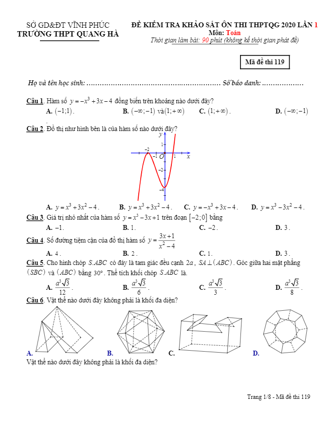 đề khảo sát ôn thi thptqg 2020 lần 1 môn toán trường quang hà – vĩnh phúc