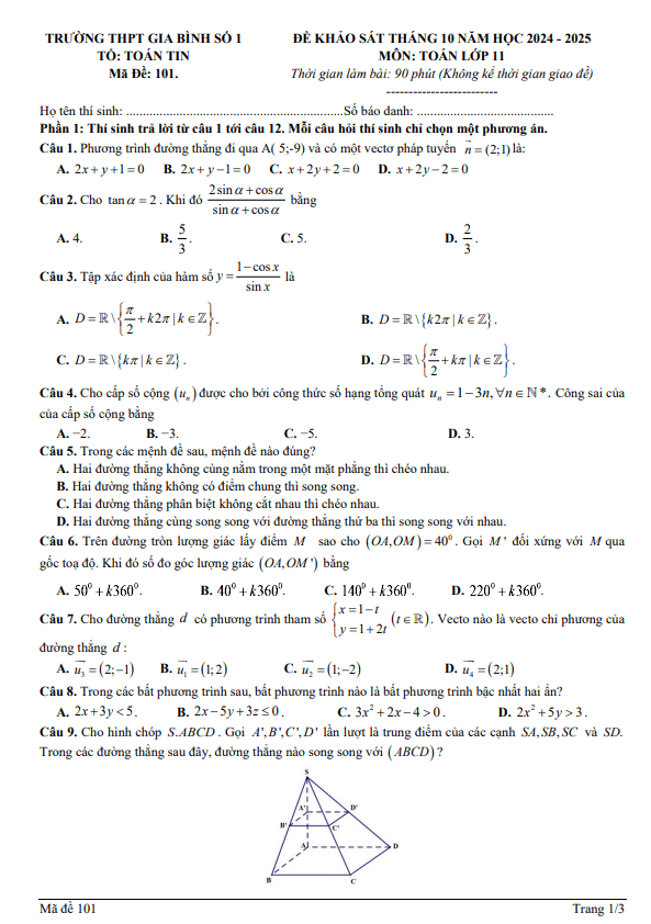 đề khảo sát tháng 10 toán 11 năm 2024 – 2025 trường thpt gia bình 1 – bắc ninh