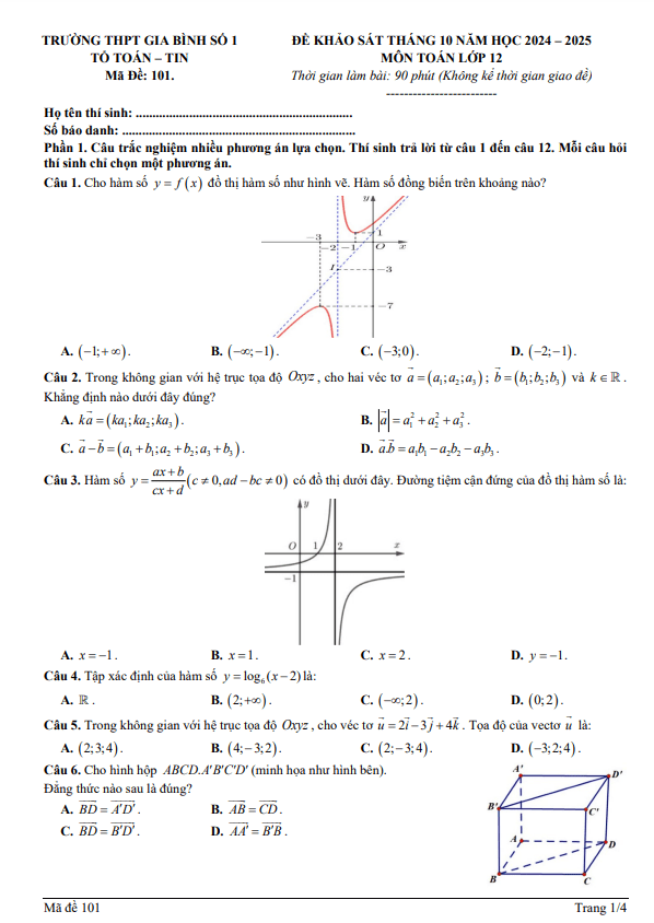 đề khảo sát tháng 10 toán 12 năm 2024 – 2025 trường thpt gia bình 1 – bắc ninh