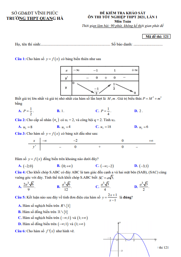 đề khảo sát thi thpt 2021 lần 1 môn toán trường thpt quang hà – vĩnh phúc