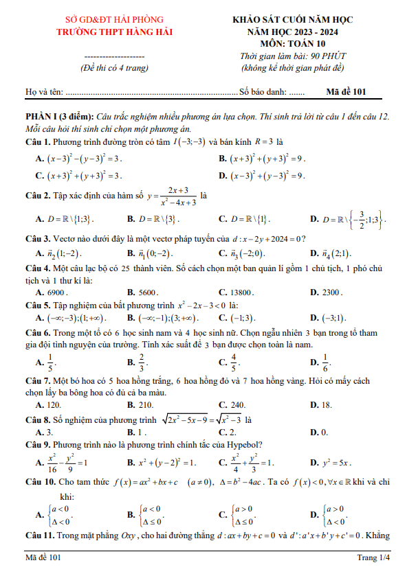 đề khảo sát toán 10 cuối năm 2023 – 2024 trường thpt hàng hải – hải phòng