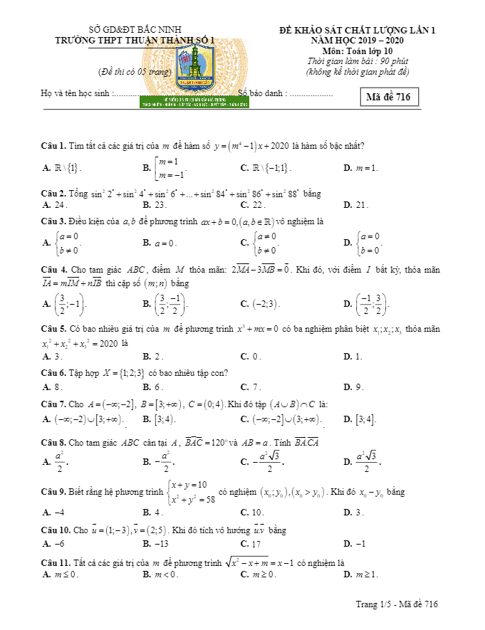 đề khảo sát toán 10 lần 1 năm 2019 – 2020 trường thuận thành 1 – bắc ninh