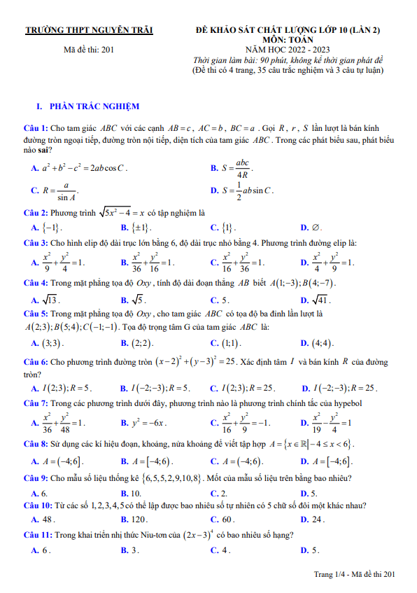 đề khảo sát toán 10 lần 2 năm 2022 – 2023 trường thpt nguyễn trãi – thanh hoá