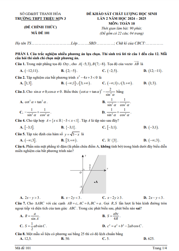 đề khảo sát toán 10 lần 2 năm 2024 – 2025 trường thpt triệu sơn 3 – thanh hóa