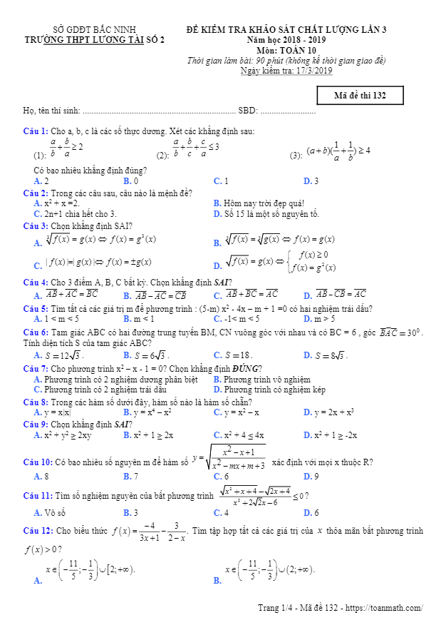 đề khảo sát toán 10 lần 3 năm 2018 – 2019 trường lương tài 2 – bắc ninh