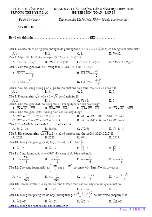 đề khảo sát toán 10 lần 3 năm 2019 – 2020 trường thpt yên lạc – vĩnh phúc
