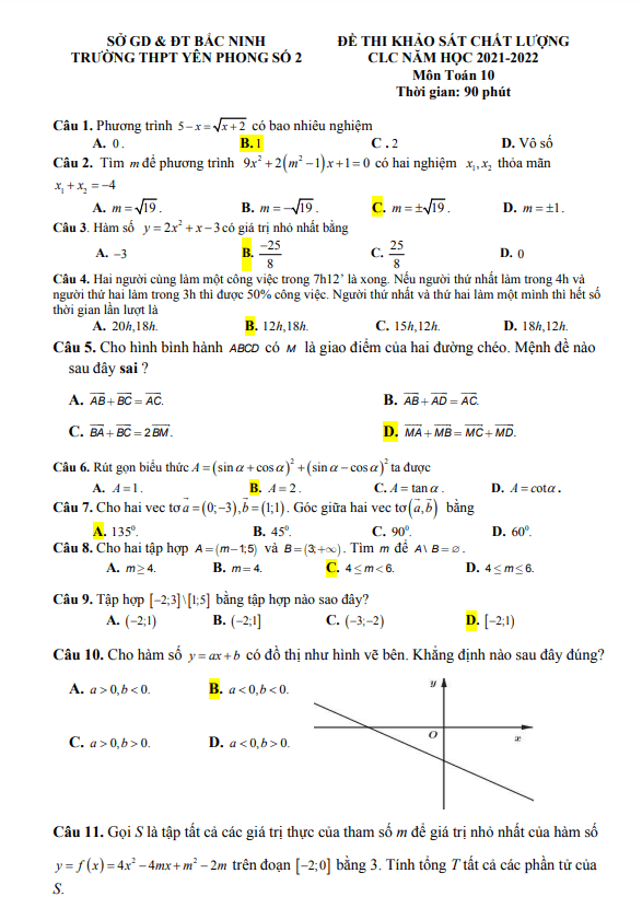 đề khảo sát toán 10 năm 2021 – 2022 trường thpt yên phong 2 – bắc ninh