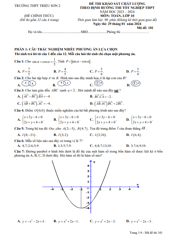 đề khảo sát toán 10 năm 2023 – 2024 trường thpt triệu sơn 2 – thanh hóa