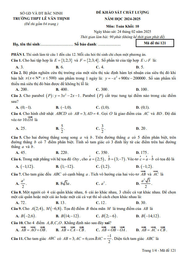 đề khảo sát toán 10 năm 2024 – 2025 trường thpt lê văn thịnh – bắc ninh