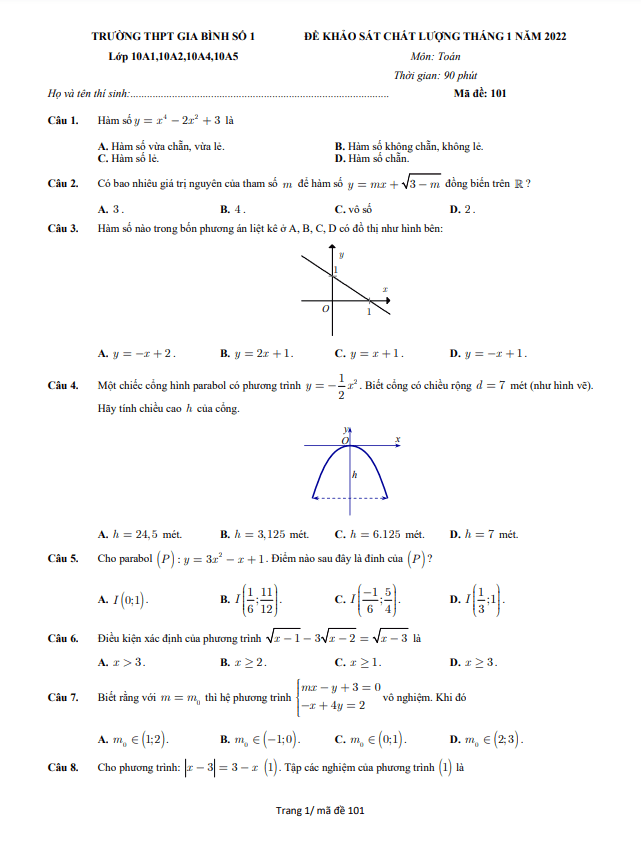đề khảo sát toán 10 tháng 1 năm 2022 trường thpt gia bình 1 – bắc ninh