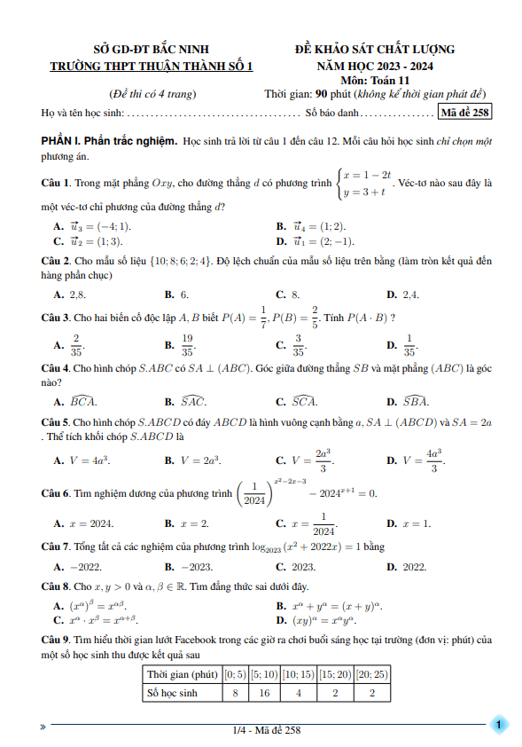 đề khảo sát toán 11 cuối năm 2023 – 2024 trường thpt thuận thành 1 – bắc ninh