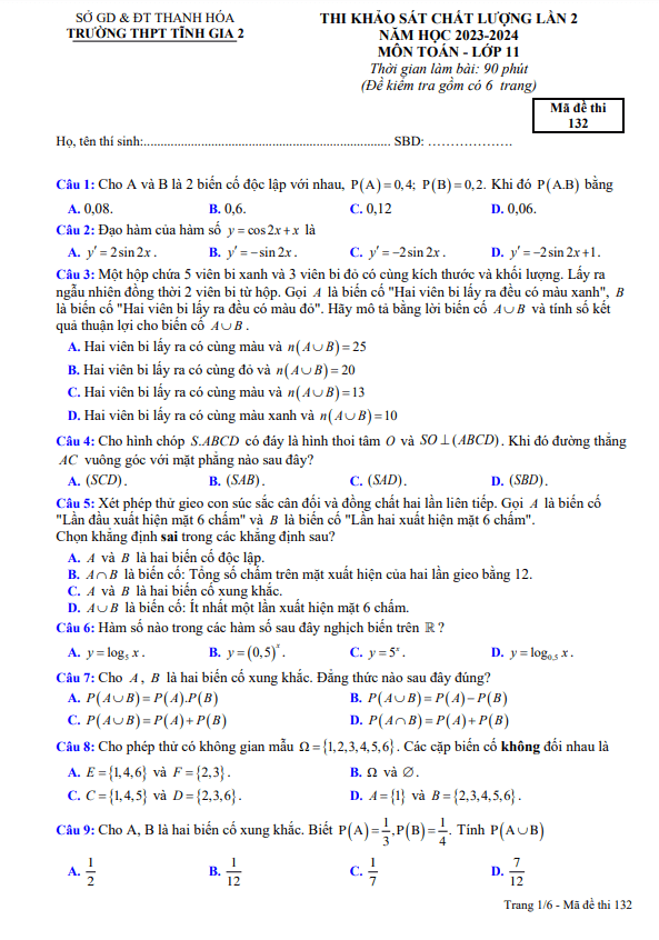 đề khảo sát toán 11 lần 2 năm 2023 – 2024 trường thpt tĩnh gia 2 – thanh hóa