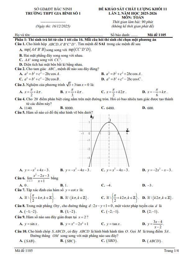 đề khảo sát toán 11 lần 2 năm 2025 – 2026 trường thpt gia bình 1 – bắc ninh