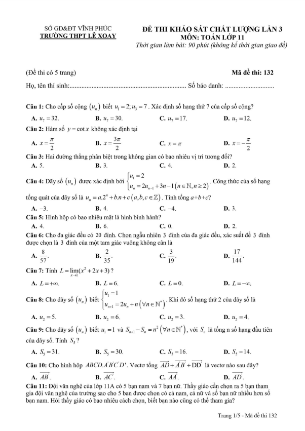 đề khảo sát toán 11 lần 3 năm 2022 – 2023 trường thpt lê xoay – vĩnh phúc