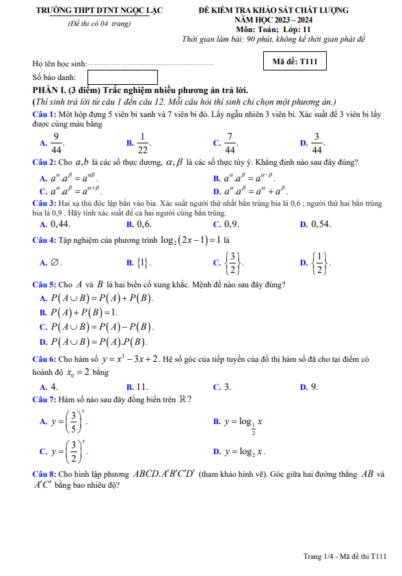 đề khảo sát toán 11 năm 2023 – 2024 trường thpt dtnt ngọc lặc – thanh hóa