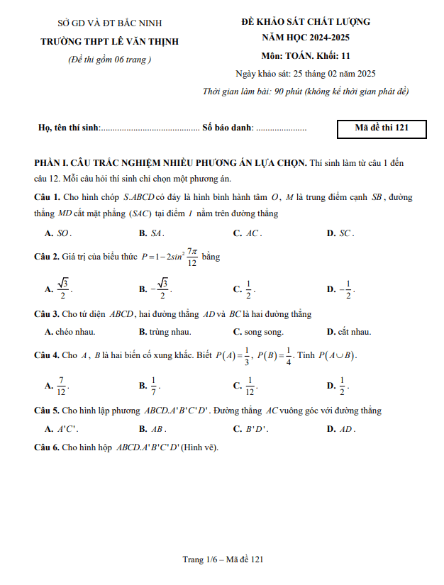 đề khảo sát toán 11 năm 2024 – 2025 trường thpt lê văn thịnh – bắc ninh