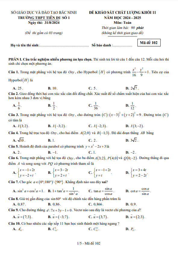 đề khảo sát toán 11 năm 2024 – 2025 trường thpt tiên du 1 – bắc ninh