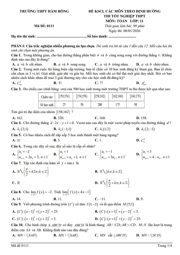 đề khảo sát toán 11 năm 2025 – 2026 trường thpt hàm rồng – thanh hóa