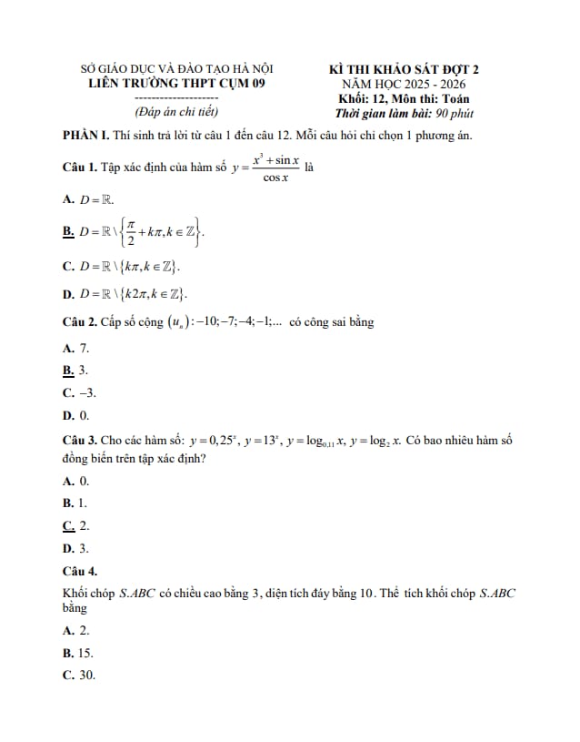 đề khảo sát toán 12 đợt 2 năm 2025 – 2026 liên trường thpt cụm 09 – hà nội