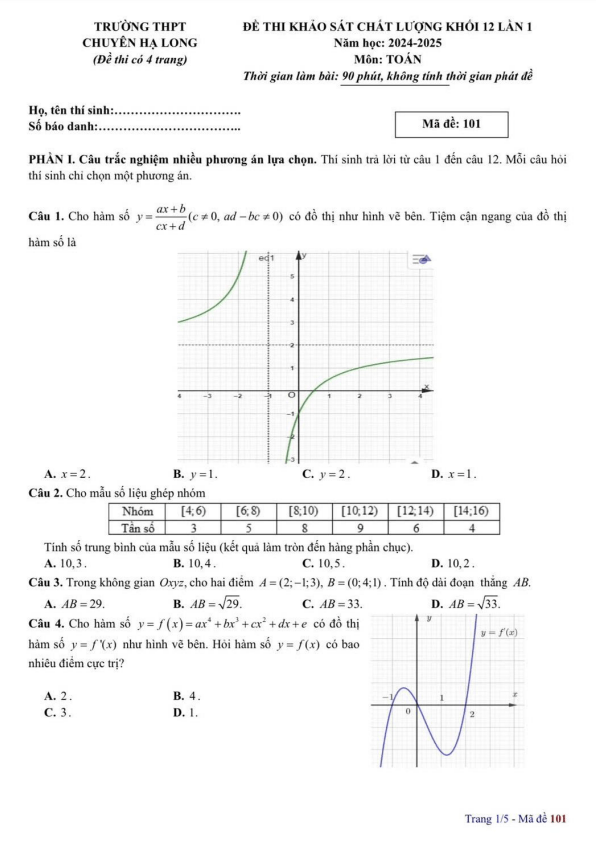 đề khảo sát toán 12 lần 1 năm 2024 – 2025 trường thpt chuyên hạ long – quảng ninh