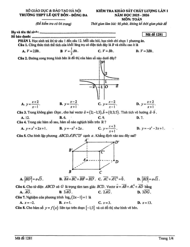 đề khảo sát toán 12 lần 1 năm 2025 – 2026 trường thpt lê quý đôn – hà nội