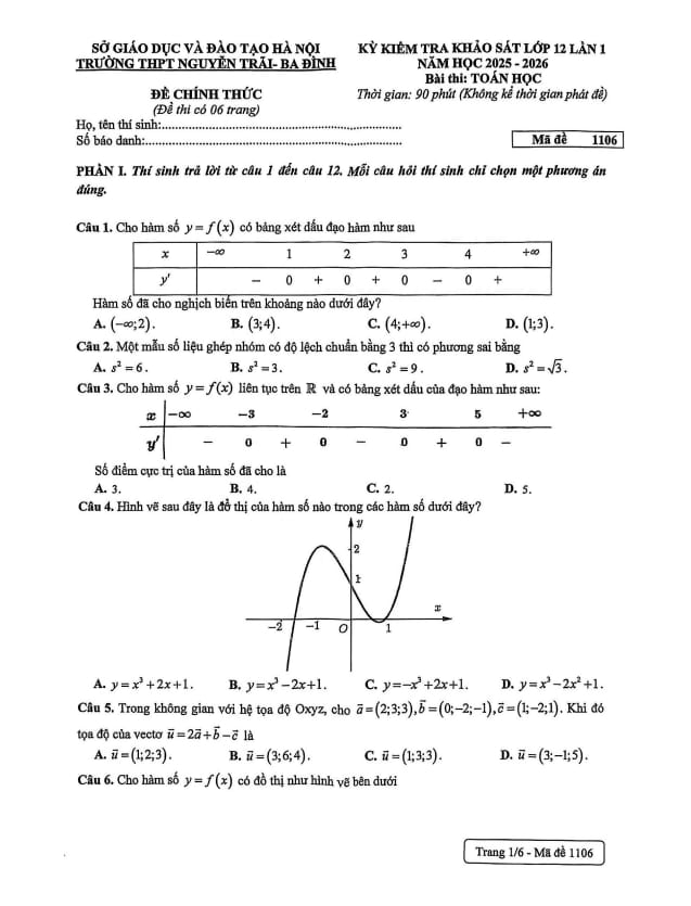 đề khảo sát toán 12 lần 1 năm 2025 – 2026 trường thpt nguyễn trãi – hà nội