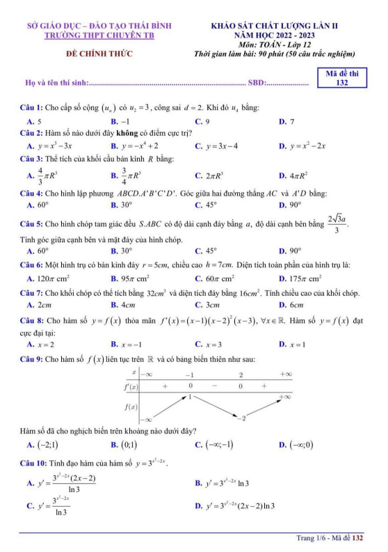 đề khảo sát toán 12 lần 2 năm 2022 – 2023 trường thpt chuyên thái bình