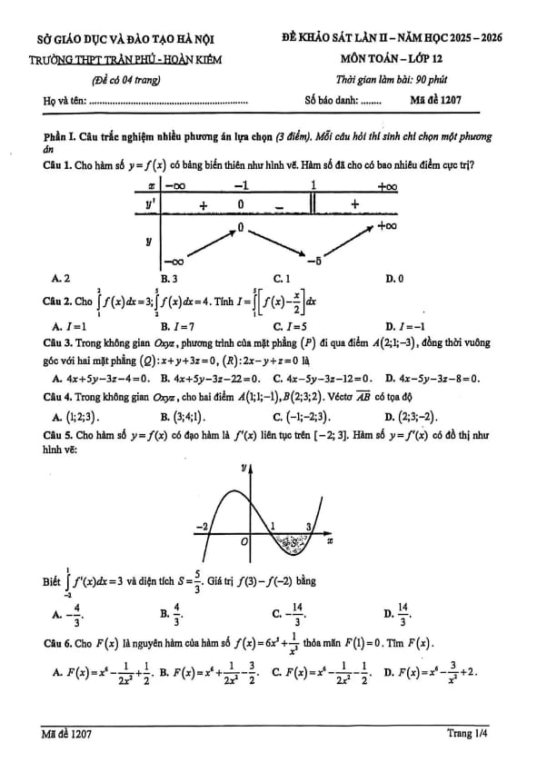 đề khảo sát toán 12 lần 2 năm 2025 – 2026 trường thpt trần phú – hà nội
