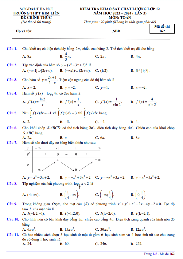 đề khảo sát toán 12 lần 3 năm 2023 – 2024 trường thpt kim liên – hà nội