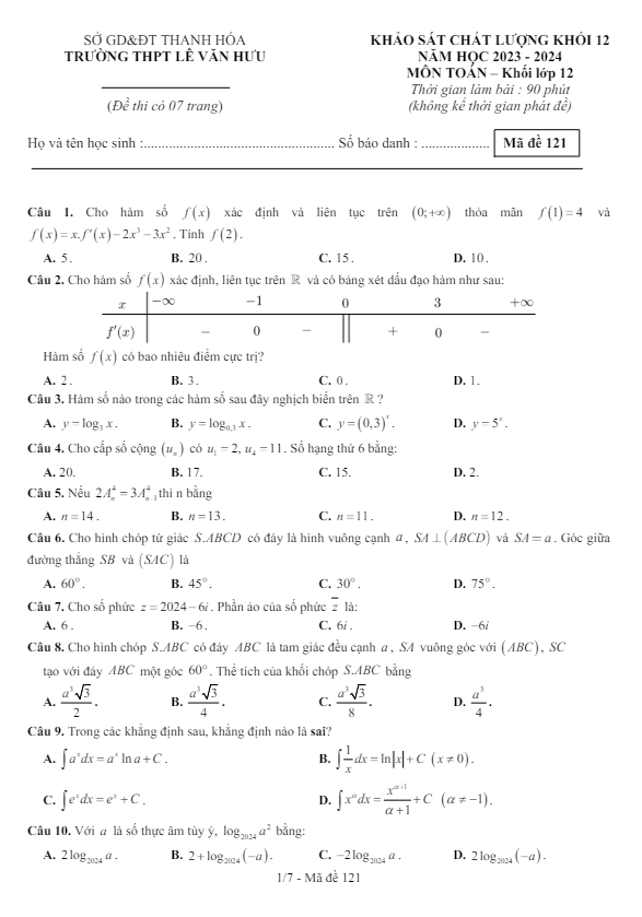 đề khảo sát toán 12 năm 2023 – 2024 trường thpt lê văn hưu – thanh hóa