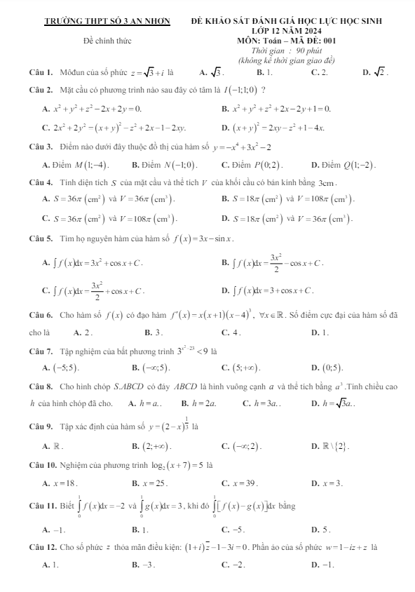 đề khảo sát toán 12 năm 2023 – 2024 trường thpt số 3 an nhơn – bình định