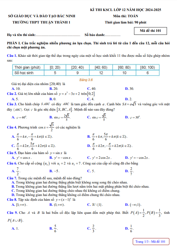đề khảo sát toán 12 năm 2024 – 2025 trường thpt thuận thành 1 – bắc ninh