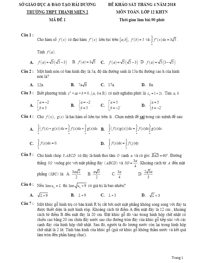 đề khảo sát toán 12 tháng 4/2018 trường thpt thanh miện 2 – hải dương