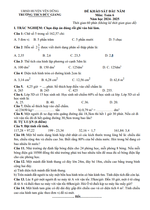 đề khảo sát toán 6 đầu năm 2024 – 2025 trường thcs đức giang – bắc giang