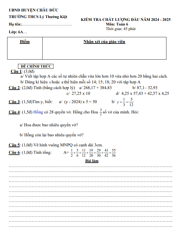 đề khảo sát toán 6 đầu năm 2024 – 2025 trường thcs lý thường kiệt – br vt