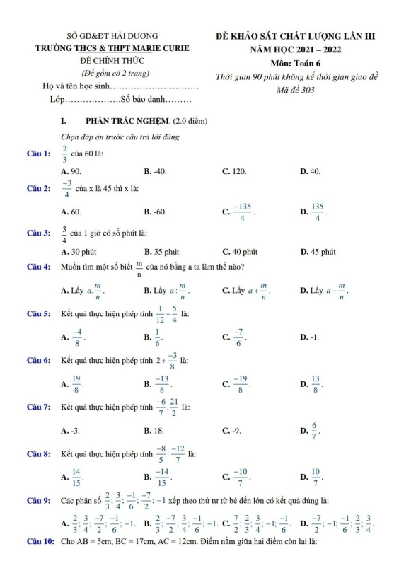 đề khảo sát toán 6 lần 3 năm 2021 – 2022 trường marie curie – hải dương